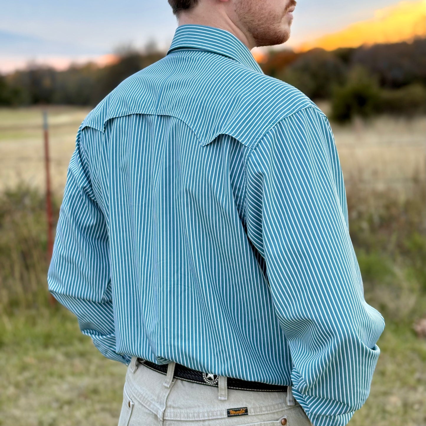 Blue Striped Long Sleeve Performance Pearl Snap
