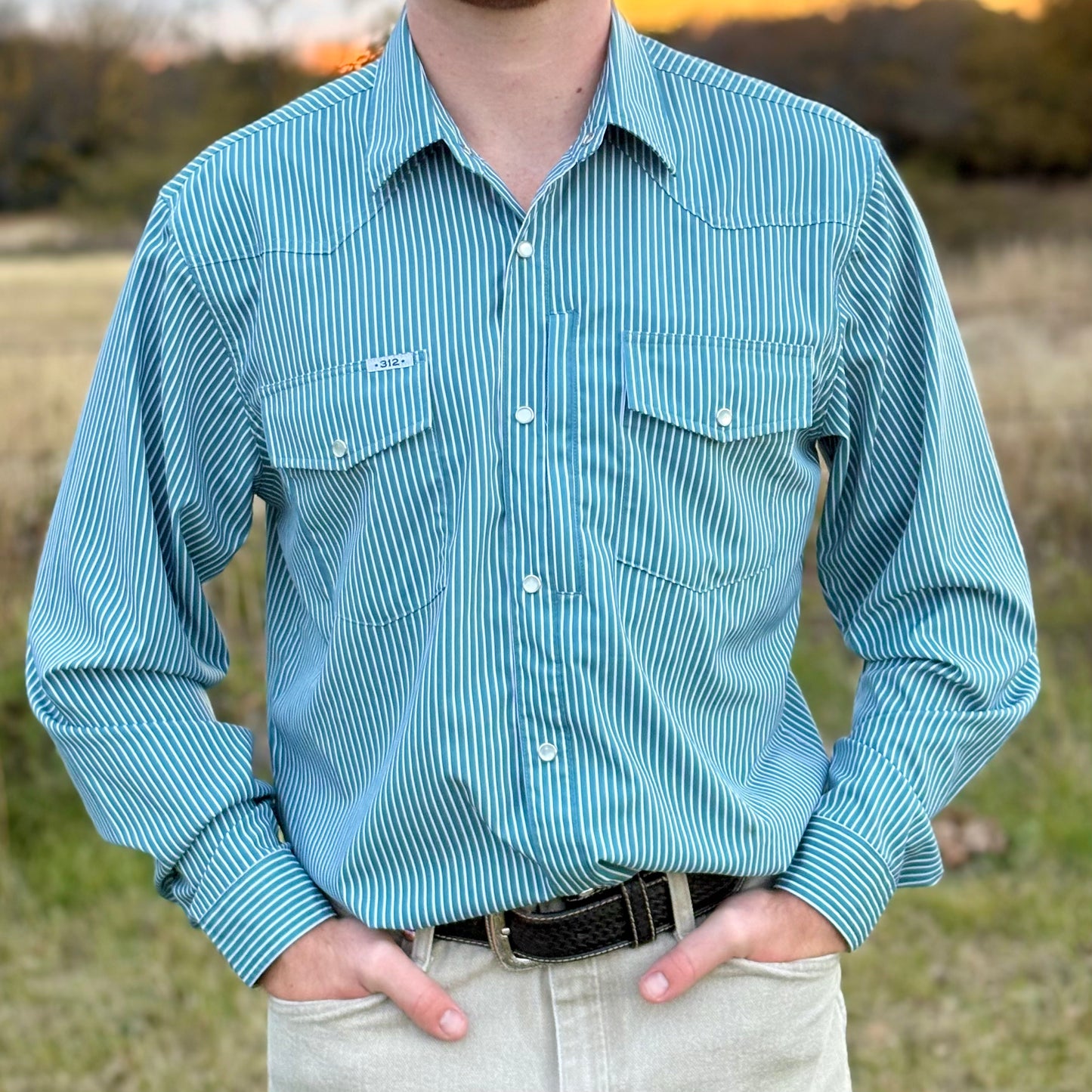 Blue Striped Long Sleeve Performance Pearl Snap